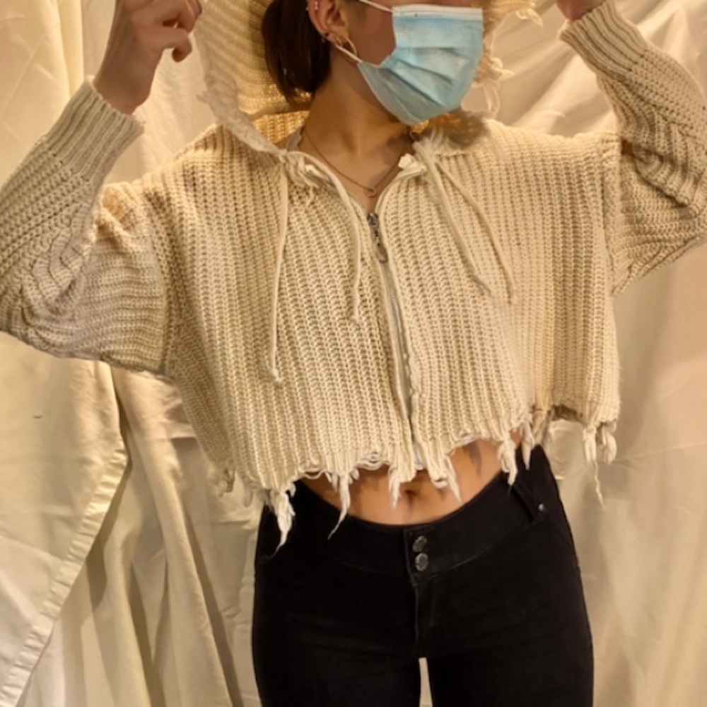 Hand Knitted Zip-Up Cropped Sweatshirt